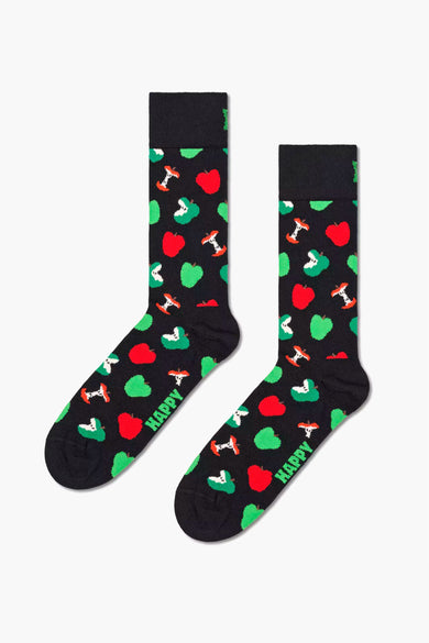 Zwarte sokken van Happy Socks met een print van rode en groene appels en appelstronken.
