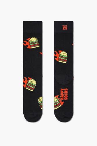 Zwarte sokken van Happy Socks met een herhaald hamburger- en vlammotief.