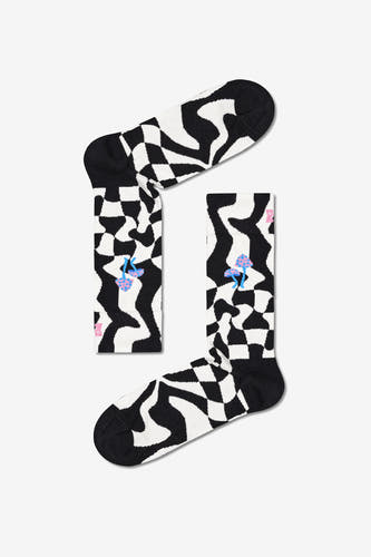 Chaussettes noires de Happy Socks avec un motif de damier psychédélique et des applications de champignons.