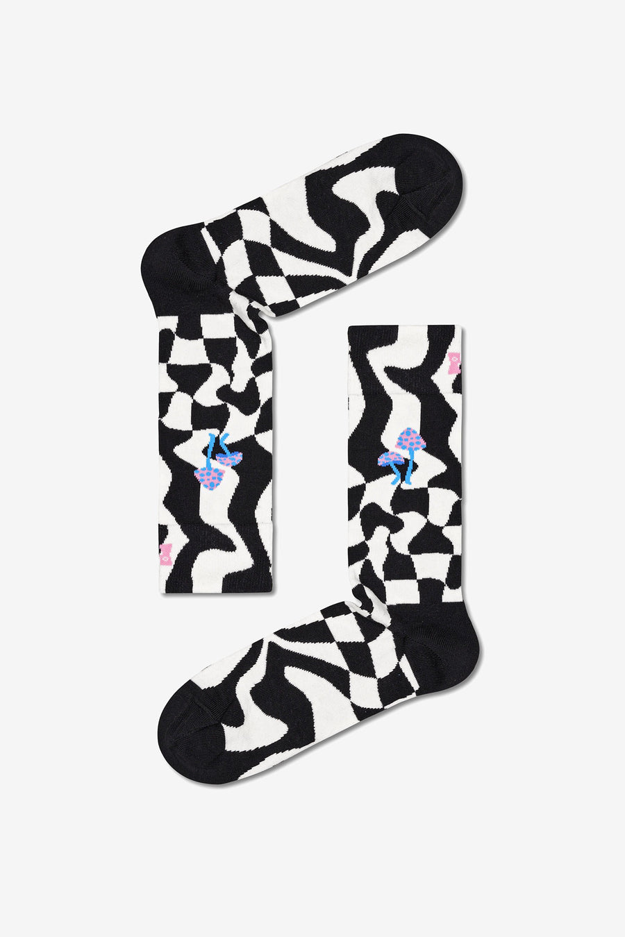 Chaussettes noires de Happy Socks avec un motif de damier psychédélique et des applications de champignons.