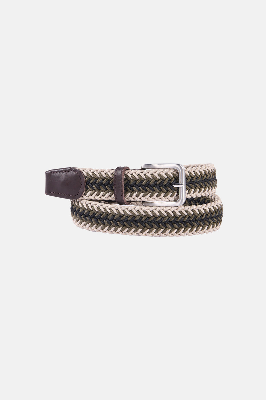 Groene riem van ACCESSORIES BY JACK & JONES, met gevlochten textuur en bruin lederen details.