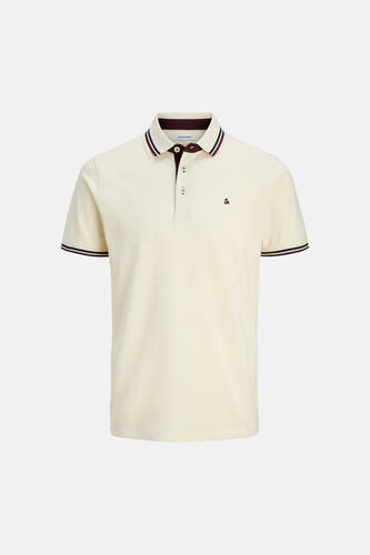 Polo écru de PREMIUM by JACK & JONES, avec des accents bordeaux et bleu marine sur le col et les manches.