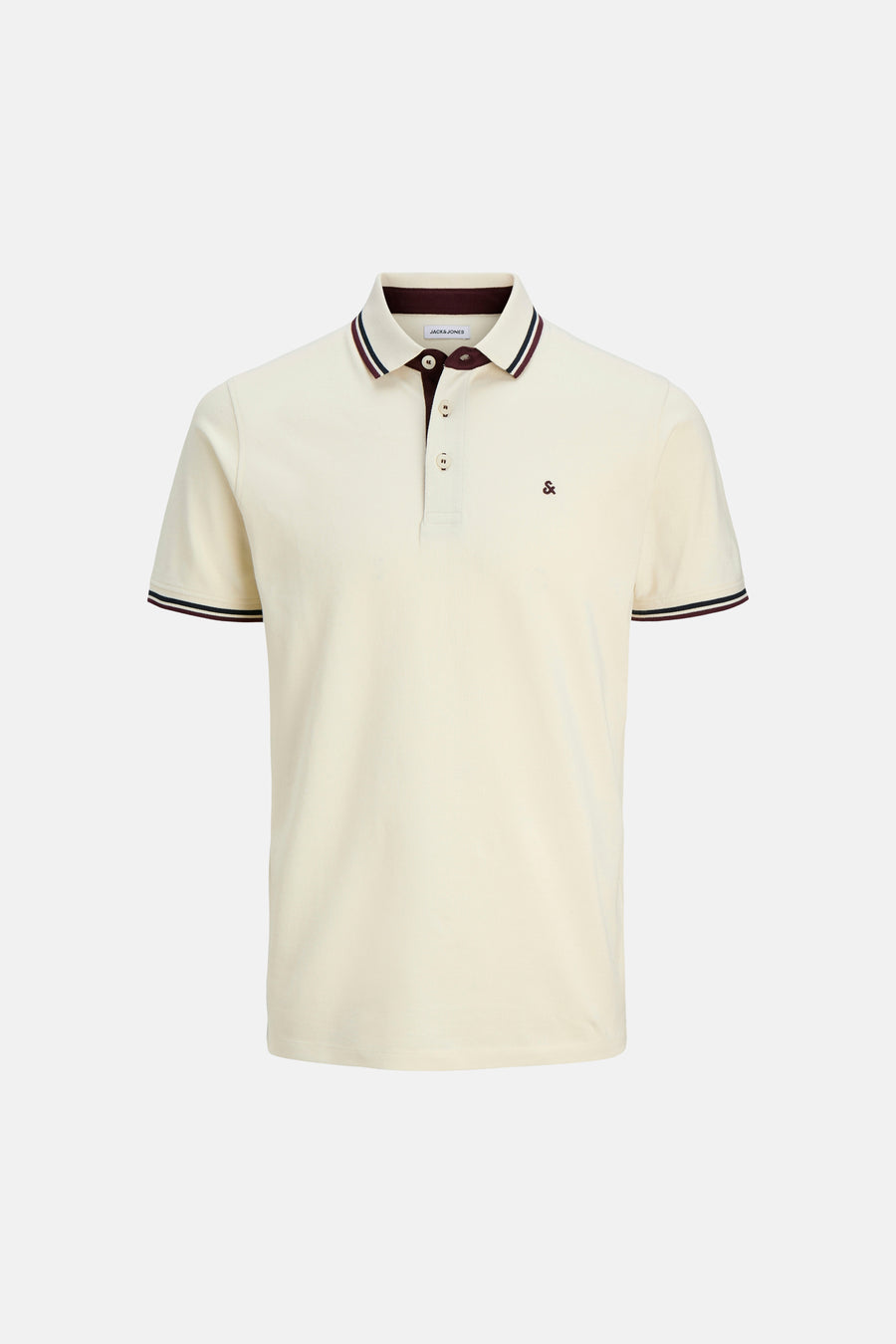 Polo écru de PREMIUM by JACK & JONES, avec des accents bordeaux et bleu marine sur le col et les manches.