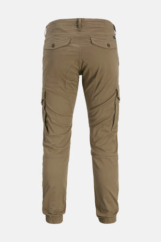 Bruine cargobroek van JACK & JONES JEANS INTELLIGENCE, met zakken op de zijkant, gezien van achteren.