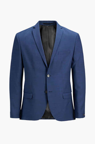 Blauwe blazer van PREMIUM by JACK & JONES, met een subtiele textuur en een enkele knoopsluiting.
