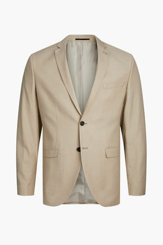 Beige blazer van PREMIUM by JACK & JONES, met revers en twee knopen.
