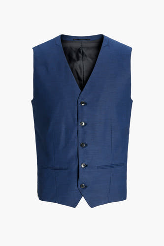 Blauw gilet van PREMIUM by JACK & JONES, met zwarte knopen en zakken, op een witte achtergrond.

