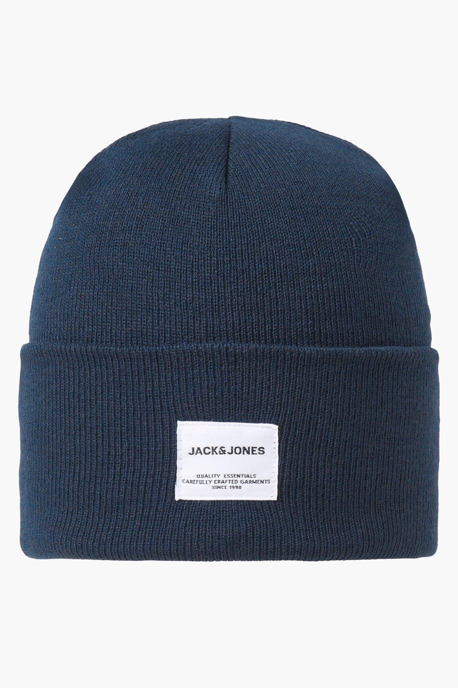 Casquette bleue d'ACCESSORIES BY JACK & JONES, de couleur unie et avec un bord replié portant une étiquette de marque.