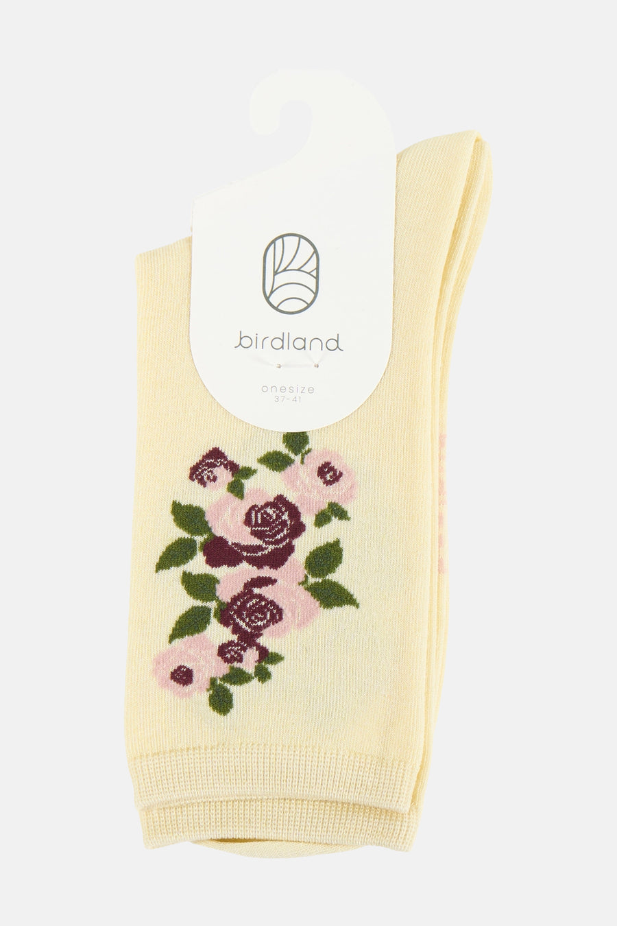 Crèmekleurige gebreide sokken van BIRDLAND met rozenprint in roze tinten, hangend aan een witte hanger met 'onesize 37-41'.