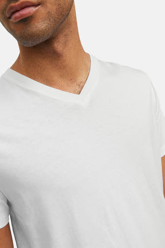 Wit T-shirt van PREMIUM by JACK & JONES, close-up van halslijn met V-hals en bovenkant van de borst.
