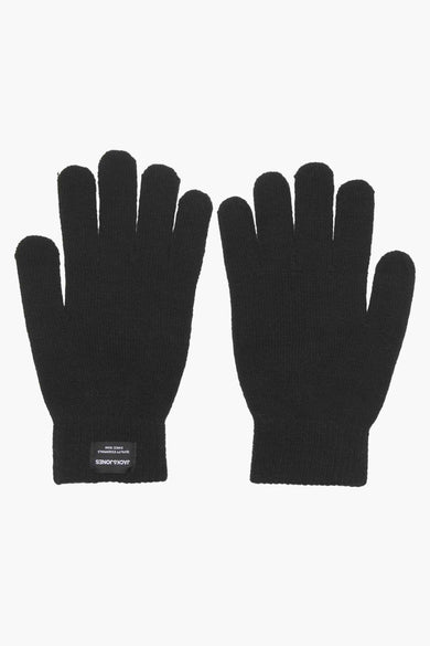 Zwarte gebreide handschoenen van ACCESSORIES BY JACK & JONES, met ribboord en label aan de pols, platte weergave