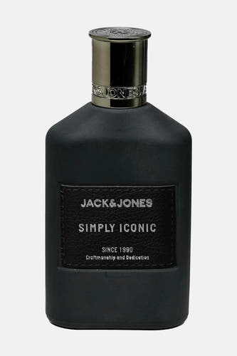 Zwart parfum van ACCESSORIES BY JACK & JONES, met zilverkleurige dop en een label met de merknaam.
