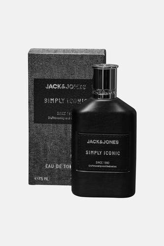 Zwarte parfum van ACCESSORIES BY JACK & JONES, met een denim-achtige textuur op de verpakking en flacon.
