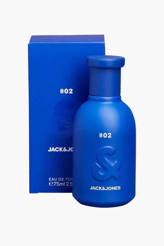 Parfum bleu d'ACCESSORIES BY JACK & JONES, avec étiquette "#02" et design minimaliste.