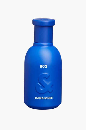 Parfum bleu d'ACCESSORIES BY JACK & JONES, avec un logo en relief et l'indication #02, sur un fond blanc.
