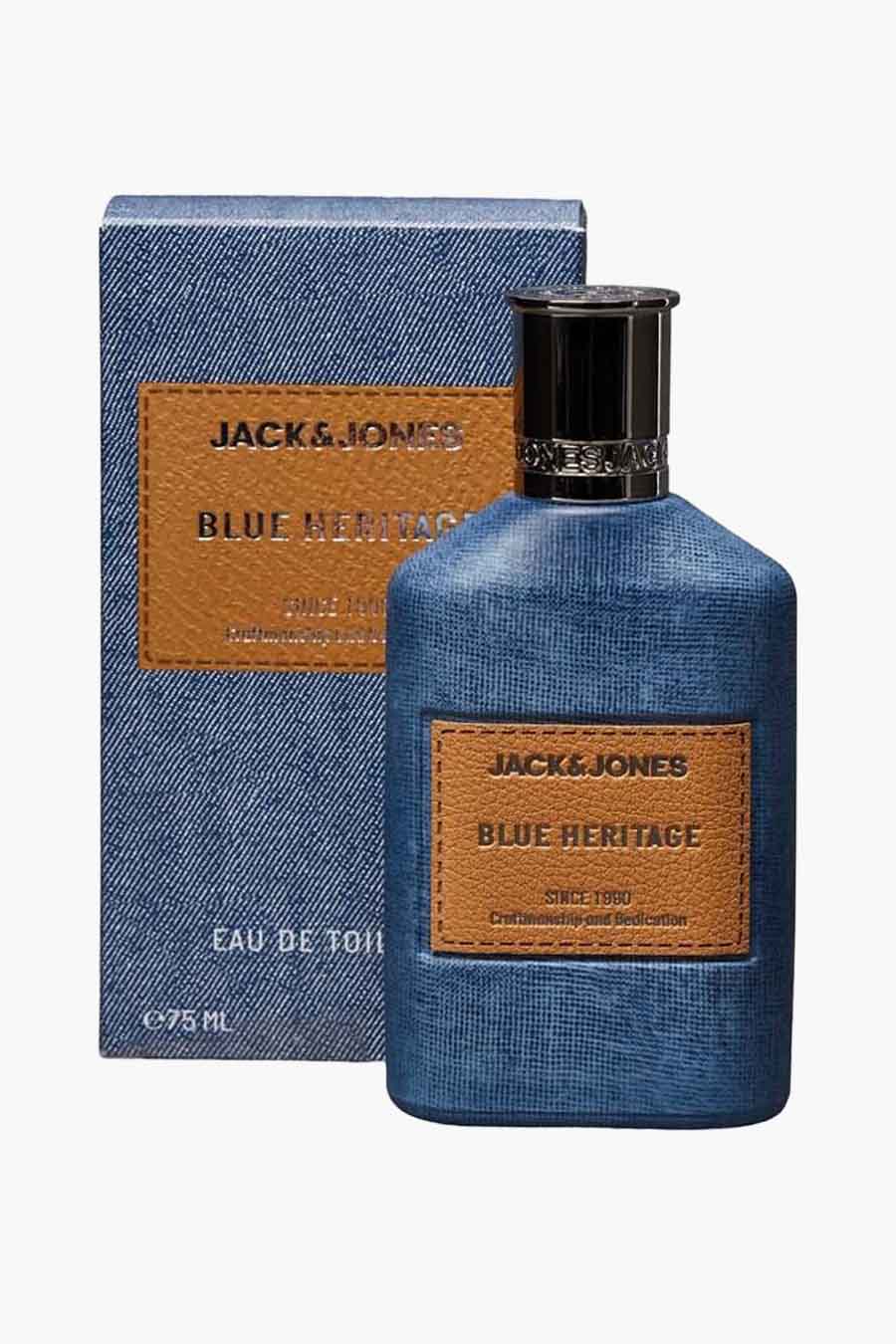 Denim parfum van ACCESSORIES BY JACK & JONES, met leren labels op de flacon en doos.