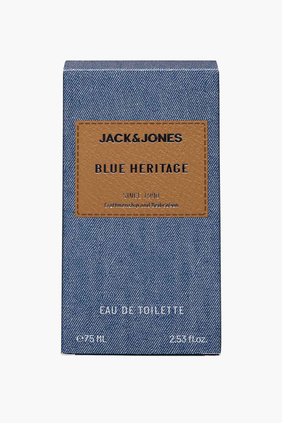 Blauw denim parfum van ACCESSORIES BY JACK & JONES, met gestikte details en tekstlabels.
