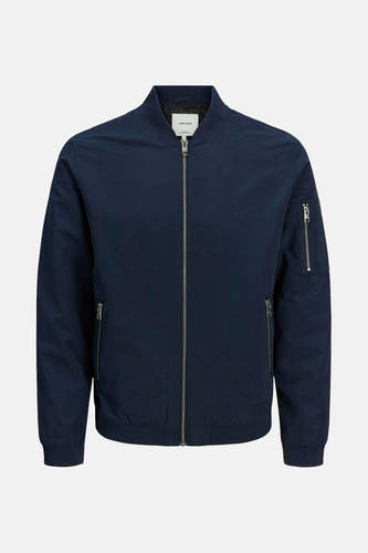 Blauw bomberjack van PREMIUM BLUE by JACK & JONES, met lange mouwen en zilverkleurige ritssluitingen.