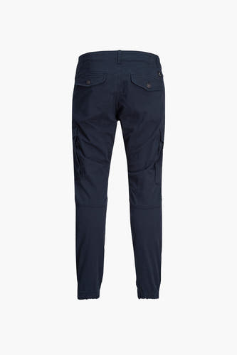Blauwe cargobroek van JACK & JONES JEANS INTELLIGENCE, met zakken en elastische boorden, rugaanzicht.