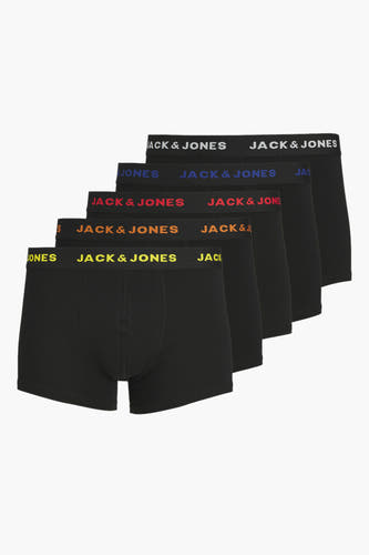 Zwart ondergoed van ACCESSORIES BY JACK & JONES, met kleurrijke banden met de merknaam, op een witte achtergrond.
