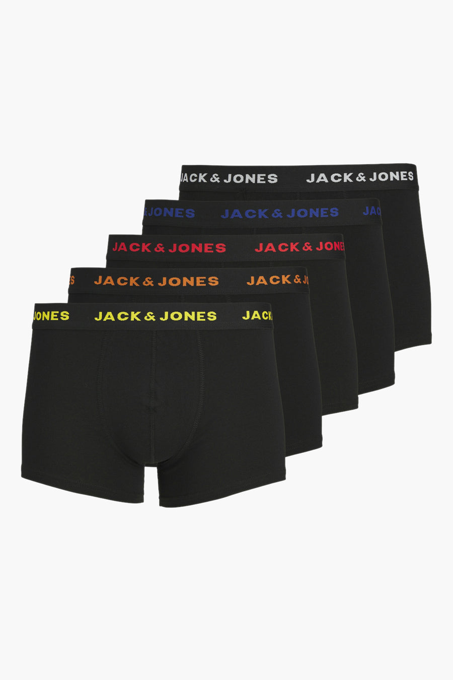 Zwart ondergoed van ACCESSORIES BY JACK & JONES, met kleurrijke banden met de merknaam, op een witte achtergrond.
