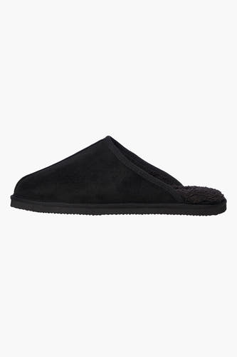 Zwarte pantoffel van ACCESSORIES BY JACK & JONES met zachte voering, in zijaanzicht.