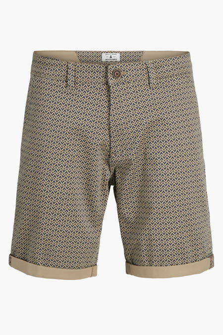Beige bermuda van JACK & JONES JEANS INTELLIGENCE met donkerblauw patroon en opgerolde pijpen.