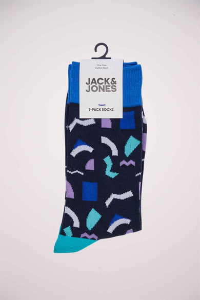 Chaussettes bleues d'ACCESSORIES BY JACK & JONES, avec des formes géométriques en bleu, turquoise et violet.