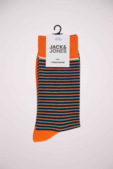 Oranje sokken van ACCESSORIES BY JACK & JONES met een gestreept patroon in marineblauw en turquoise.