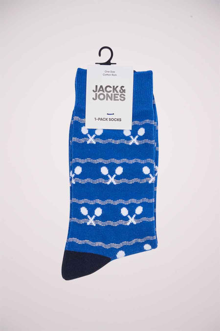 Blauwe sokken van ACCESSORIES BY JACK & JONES met wit tennisracketpatroon en donkerblauwe teen.