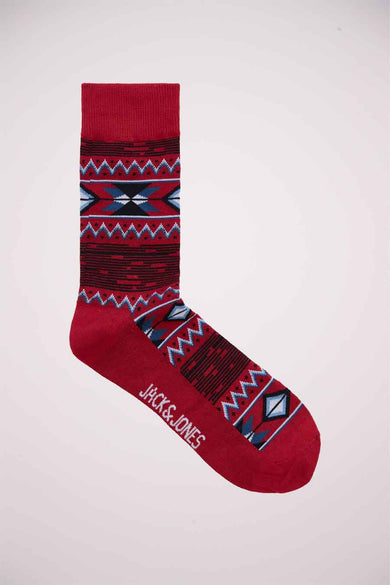 Rode sok met geometrisch patroon van ACCESSORIES BY JACK & JONES, blauwe en zwarte accenten, comfortabele pasvorm