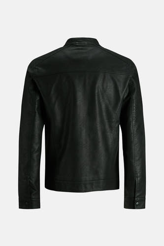 Zwarte jas van CORE BY JACK & JONES, rugzijde getoond, met gladde textuur en stiksels op de schouders.
