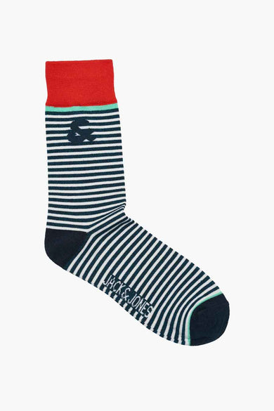 Chaussettes rayées bleues d'ACCESSORIES BY JACK & JONES, avec un talon marine et un petit logo.