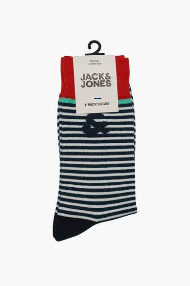 Blauw gestreepte sokken van ACCESSORIES BY JACK & JONES, met een marineblauwe teen en een klein logo.
