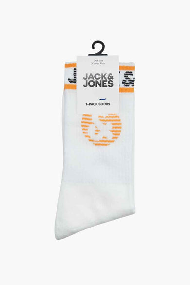 Chaussettes blanches avec rayures orange et logo ACCESSORIES BY JACK & JONES, riches en coton, sur étiquette, vue de face