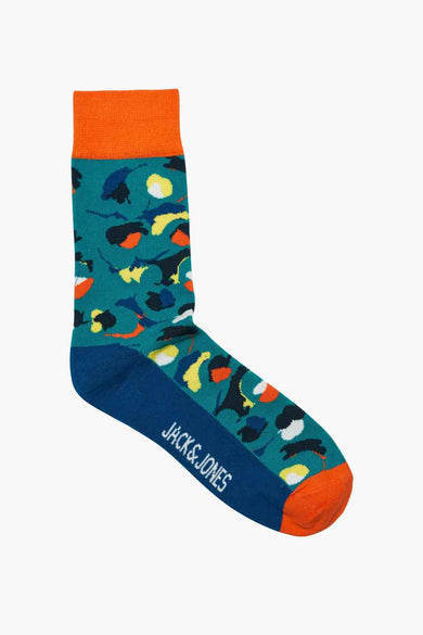 Blauwe sokken van ACCESSORIES BY JACK & JONES, met kleurrijk patroon en oranje details.