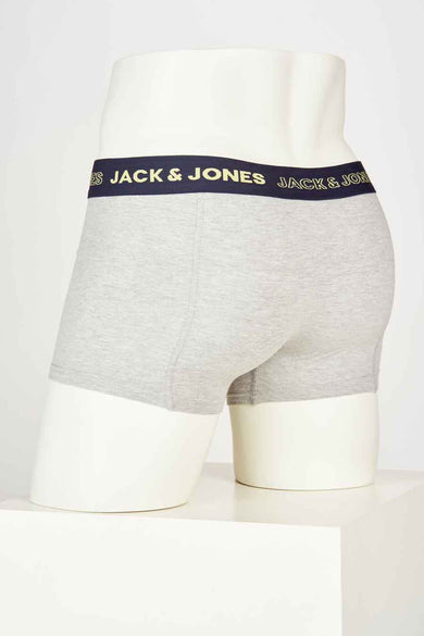 Boxers gris de JACK & JONES, avec ceinture taille bleu foncé et logo doré, vus de dos sur un mannequin