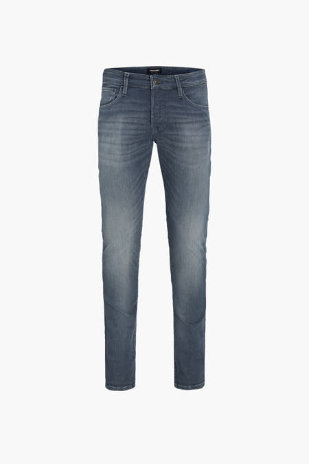 Slim jeans in mid grey denim van JACK & JONES JEANS INTELLIGENCE, front view met lichte wassing en strakke pasvorm