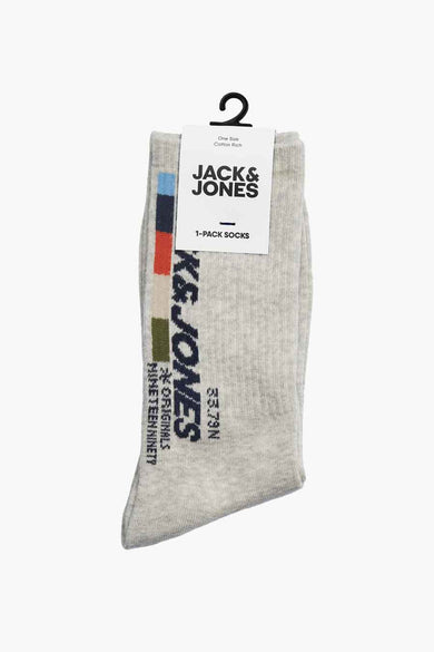 Chaussettes grises d'ACCESSORIES BY JACK & JONES avec des rayures multicolores et le logo de la marque.