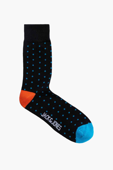 Zwarte sokken van ACCESSORIES BY JACK & JONES met blauwe stippen, oranje hak en blauwe teen.