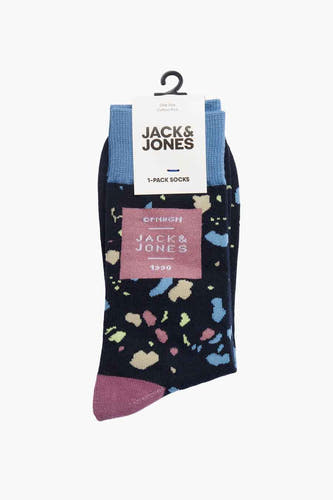 Blauwe sokken van Jack & Jones met een all-over gespikkelde print en roze accenten.
