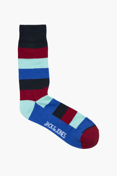 Rode sokken van ACCESSORIES BY JACK & JONES met een gestreept en geblokt patroon.
