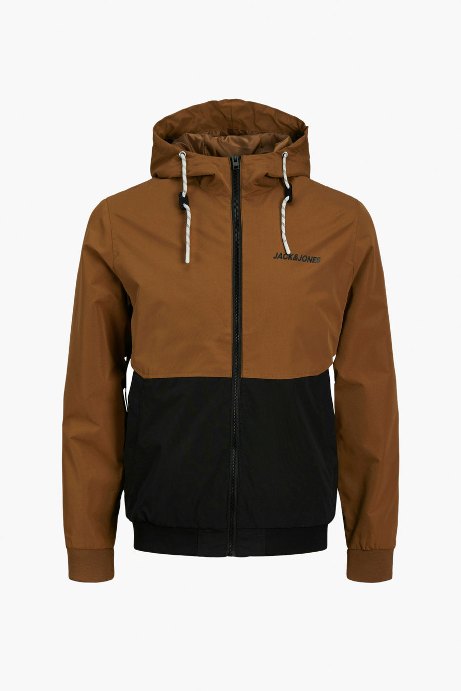 Veste courte marron de ORIGINALS BY JACK & JONES, avec des détails noirs sur le bas et une capuche.