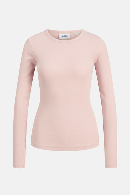 Roze T-shirt met lange mouwen van JJXX, met een fijne ribtextuur.