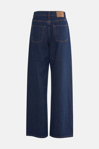 Donkerblauwe wijde jeans van denim van JJXX, gezien van achteren met twee achterzakken en een bruin merklabel.
