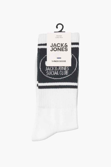 Blauwe sokken van ACCESSORIES BY JACK & JONES, met een zwart logo en strepen.
