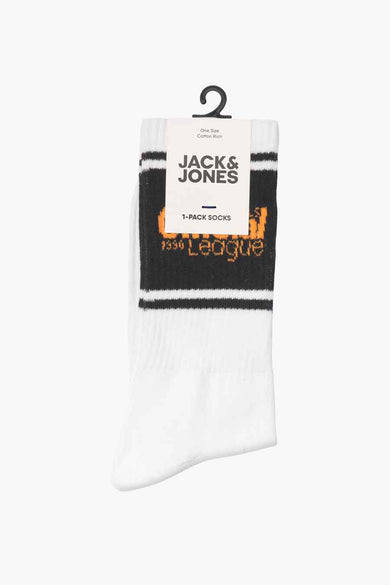 Chaussettes en coton blanc d'ACCESSORIES BY JACK & JONES, avec des rayures noires et le logo de la Ligue orange.