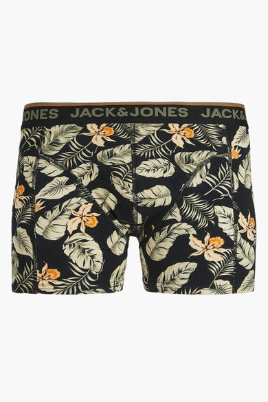 Boxers noirs avec motif tropical de feuilles et de fleurs de ACCESSORIES BY JACK & JONES, dotés d'une ceinture élastique avec logo.