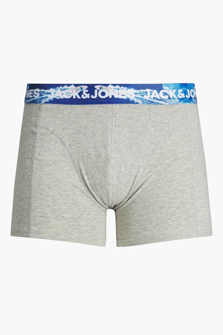 Grijze boxers van ACCESSORIES BY JACK & JONES met blauwe tailleband en witte logo-afbeelding, voorzijde weergave