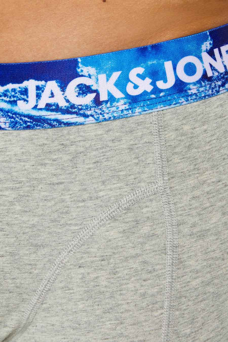 Grijze boxers van ACCESSORIES BY JACK & JONES met blauwe band en wit logo, close-up op heupen